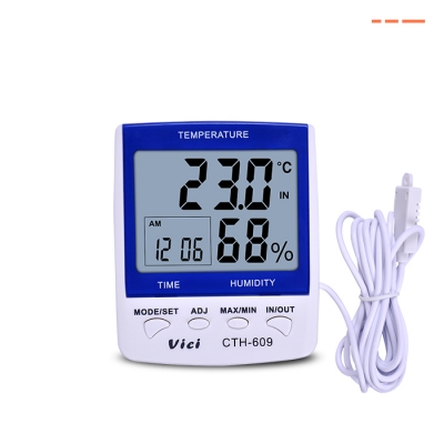 CTH-609 室内外数字温湿度表，远距离测量室外的温度，时钟、日期功能，最大值、最小值温湿度储存功能。